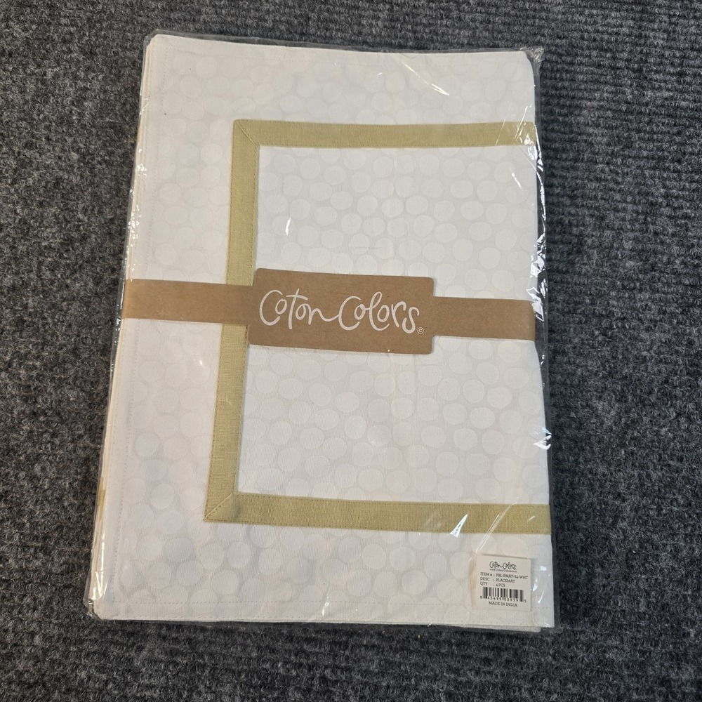 Coton Colors Set of 4 White Dot Cotton Placemats Beige Border 14x20 New Sealed
